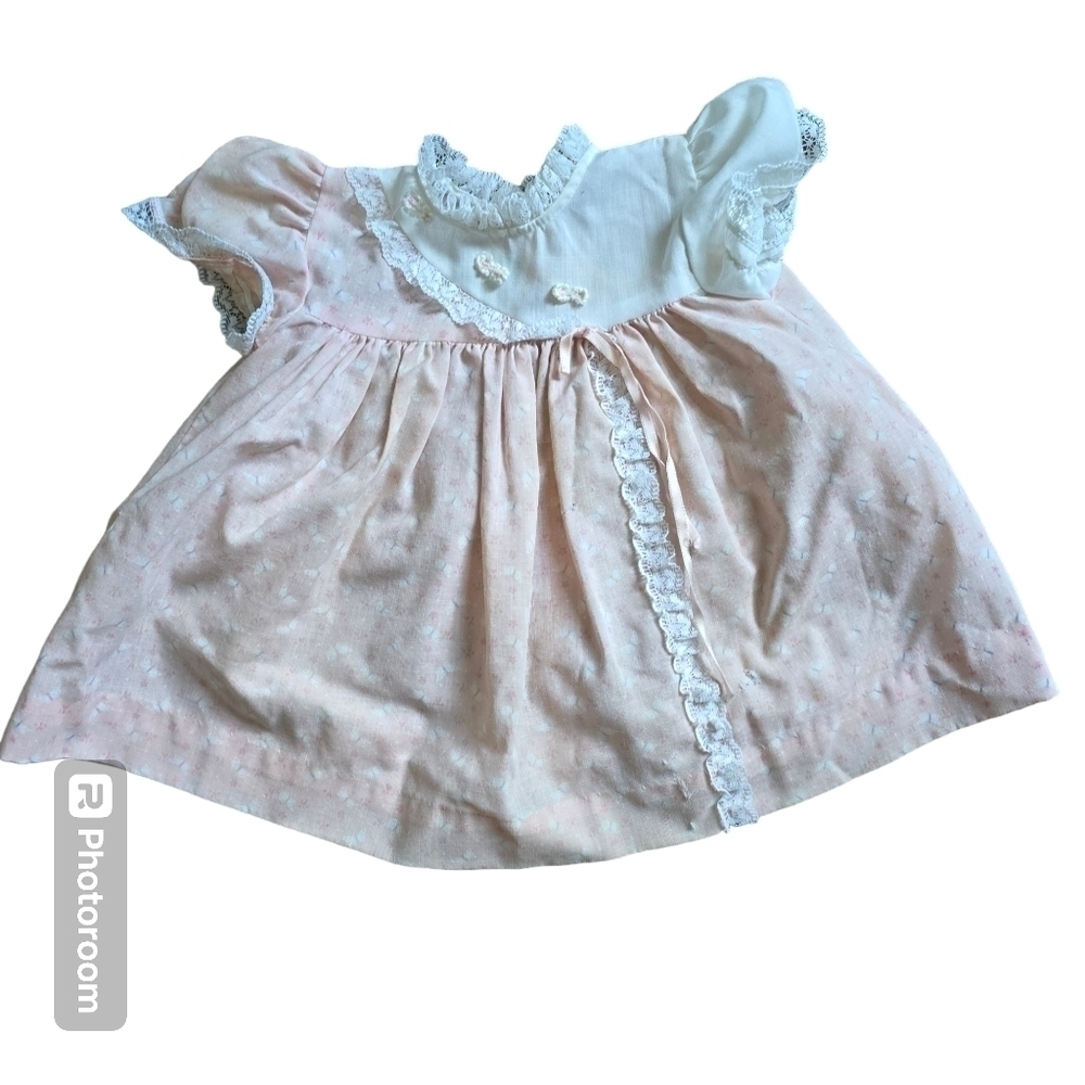 Vintage 70s Baby Girl Pink Floral Lace Dress 9 months